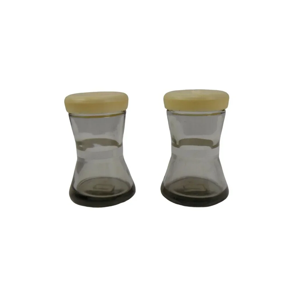 Vintage Smoky Clear Glass With White Stripes And Caps Salt And Pepper Shakers